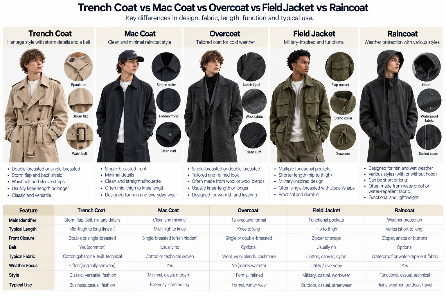 Men's trench coat compared with mac coat overcoat field jacket and raincoat