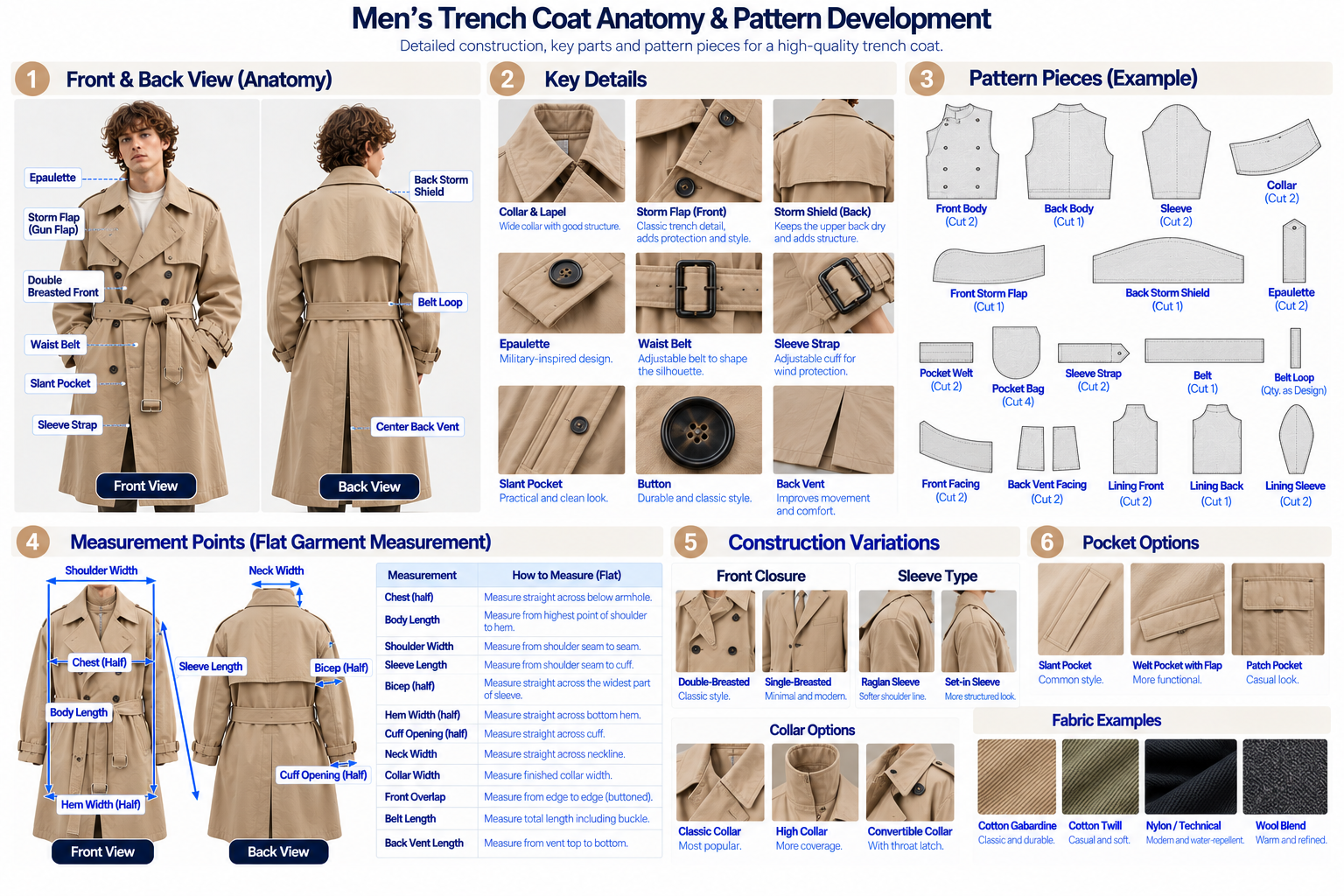 Men's trench coat anatomy and pattern development showing storm flap belt epaulettes raglan sleeves pockets back vent and pattern pieces