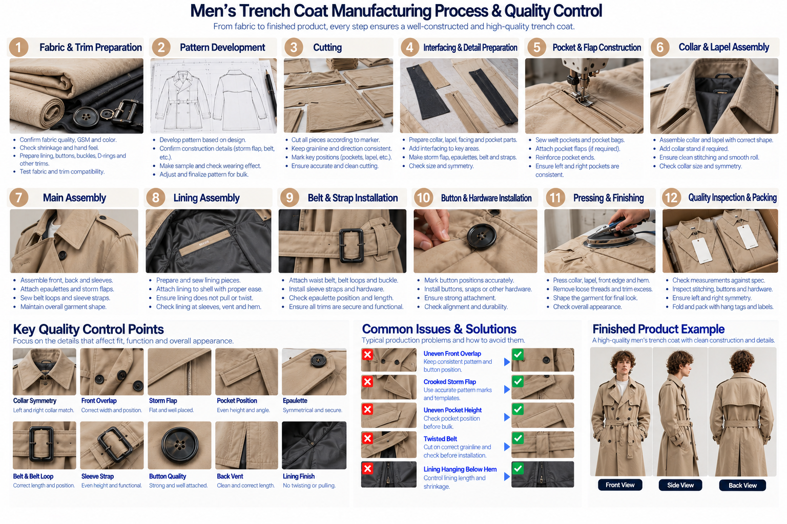Men's trench coat manufacturing process and quality control showing cutting storm flaps raglan sleeves pockets belt lining buttons pressing and inspection