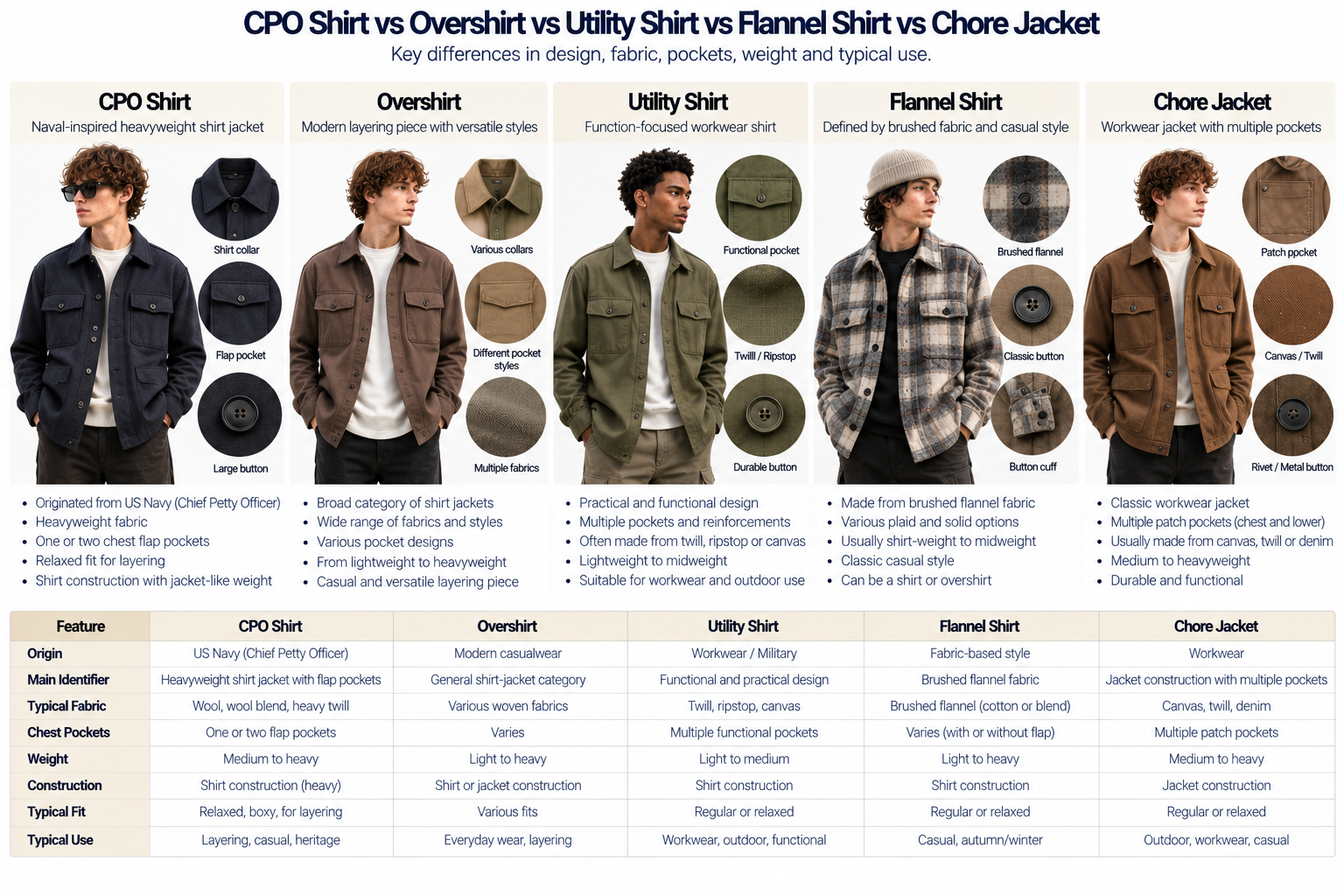 Men's CPO shirt compared with overshirt utility shirt flannel shirt and chore jacket