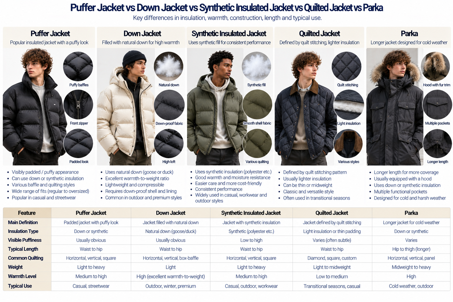 Men's puffer jacket compared with down jacket synthetic insulated jacket quilted jacket and parka