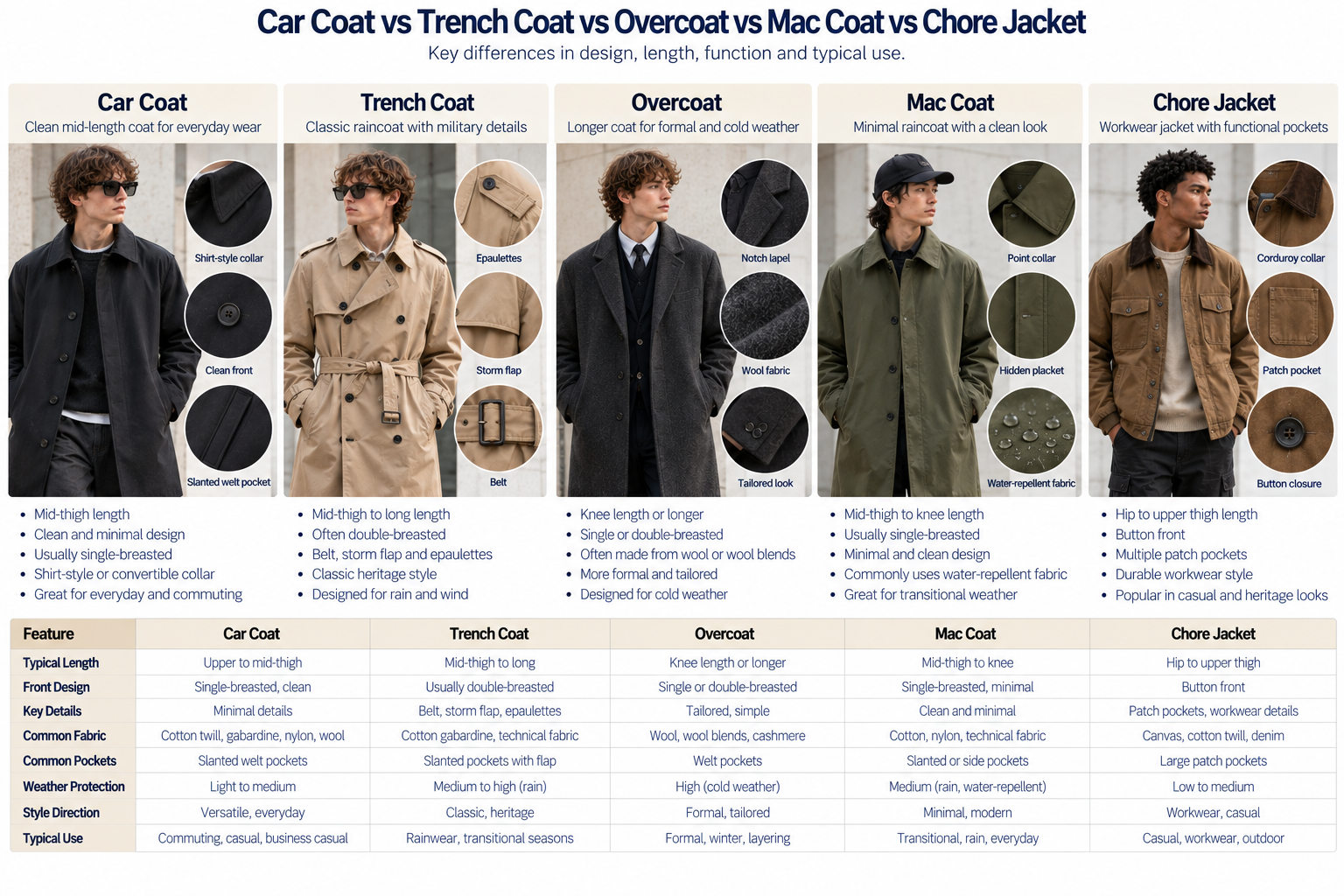 Car Coat vs Trench Coat, Overcoat, Mac Coat and Chore Jacket Men's car coat compared with trench coat overcoat mac coat and chore jacket