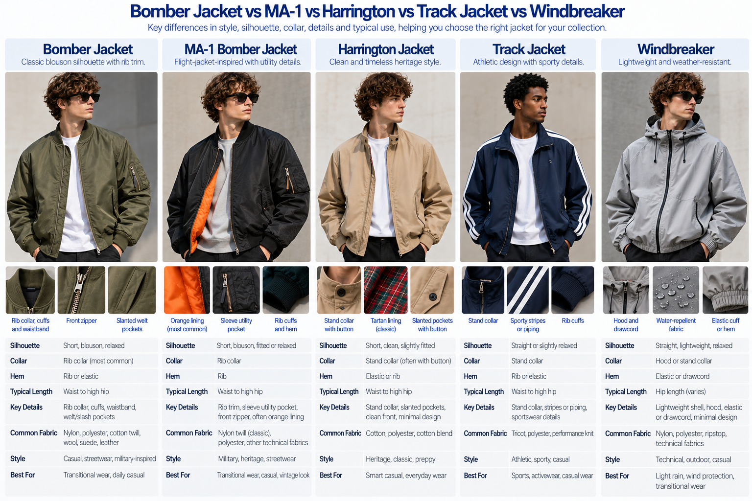 Men's bomber jacket compared with MA-1 bomber Harrington jacket track jacket and windbreaker