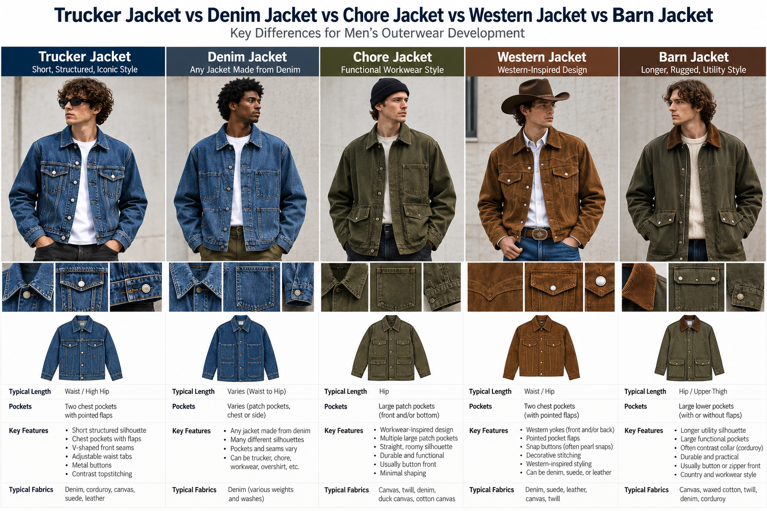 Trucker Jacket vs Denim Jacket vs Chore Jacket vs Western Jacket vs Barn Jacket