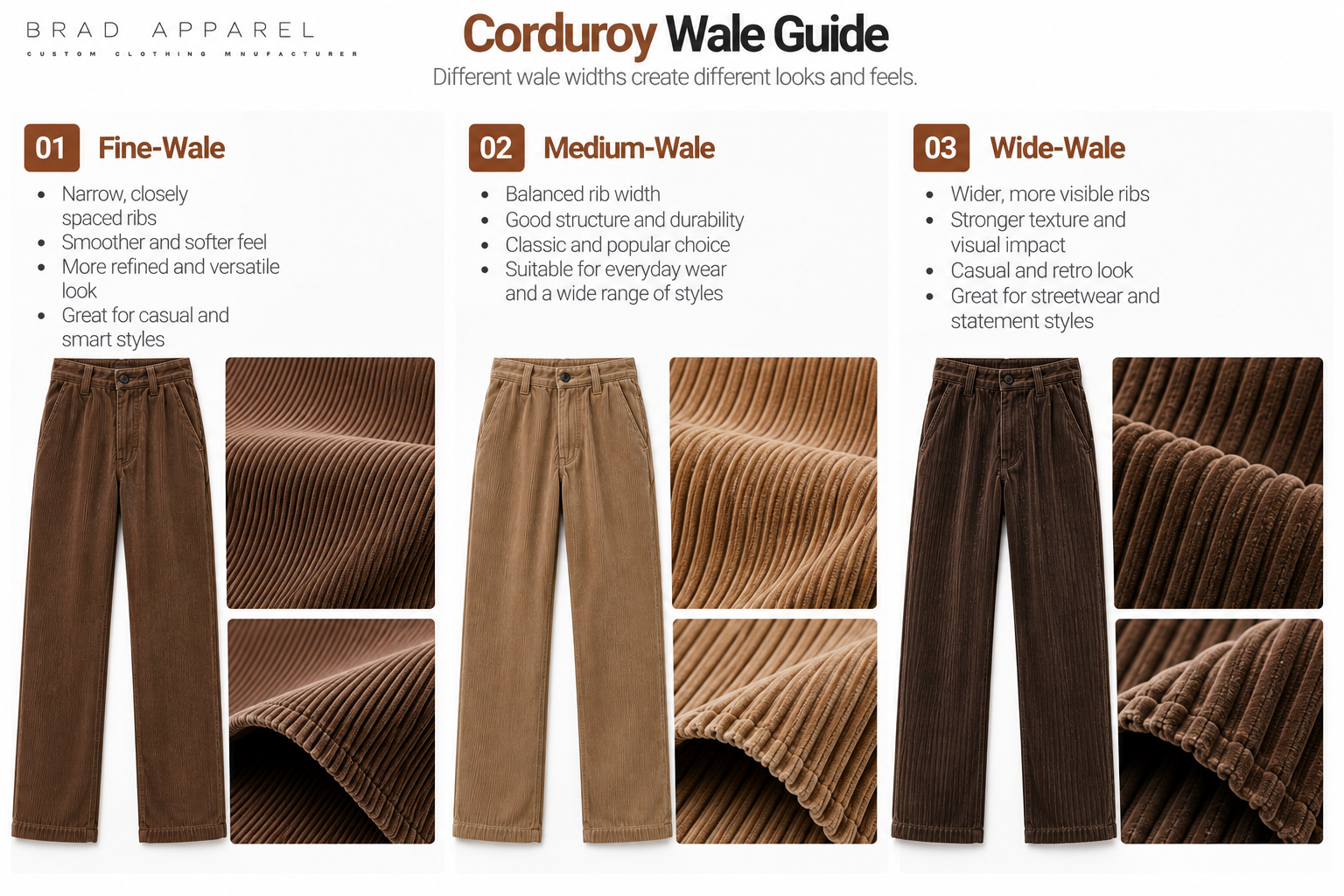 Corduroy wale guide comparing fine, medium and wide ribs