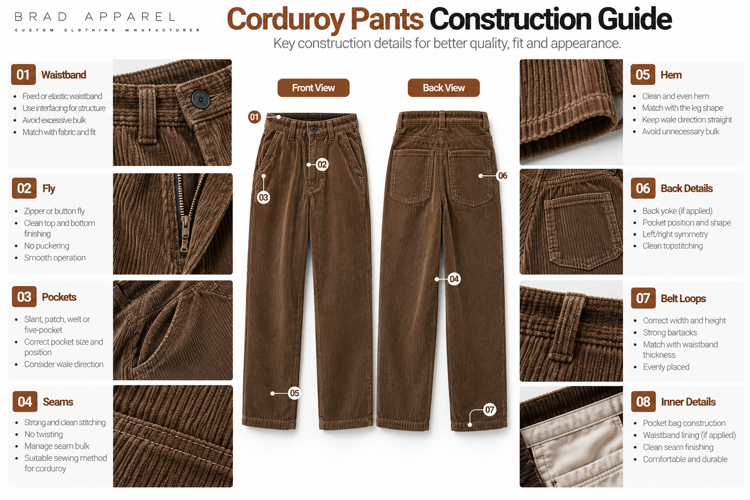 Corduroy pants construction guide showing waistband, fly, pockets, seams and hem