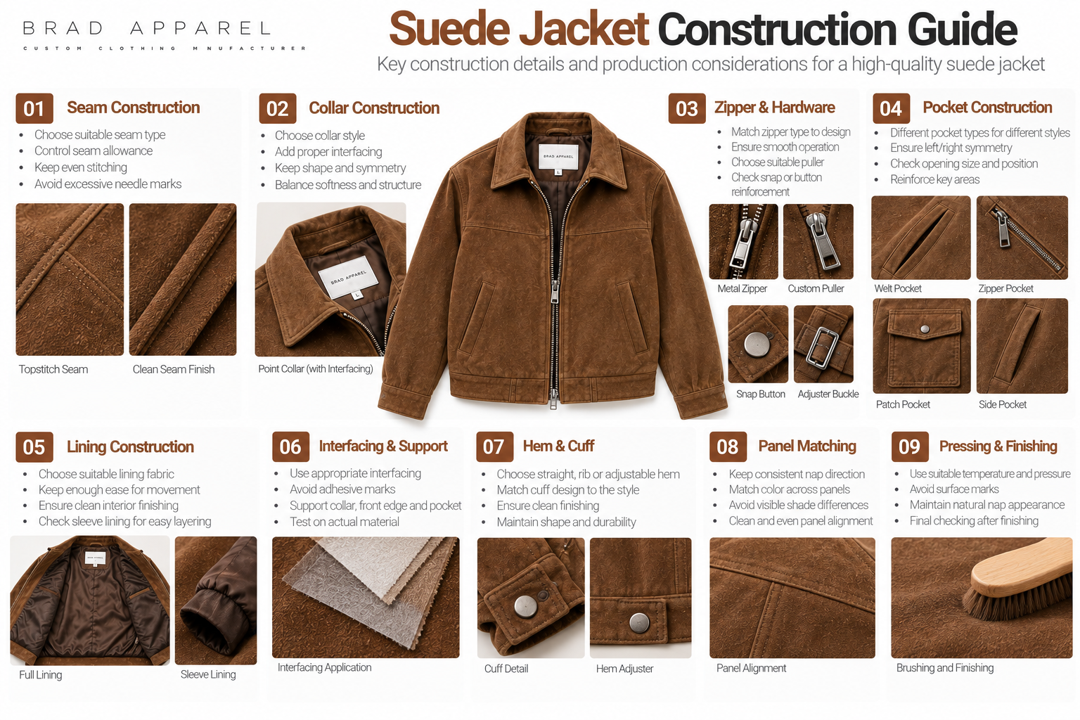 Suede jacket seam, zipper, pocket and lining construction guide