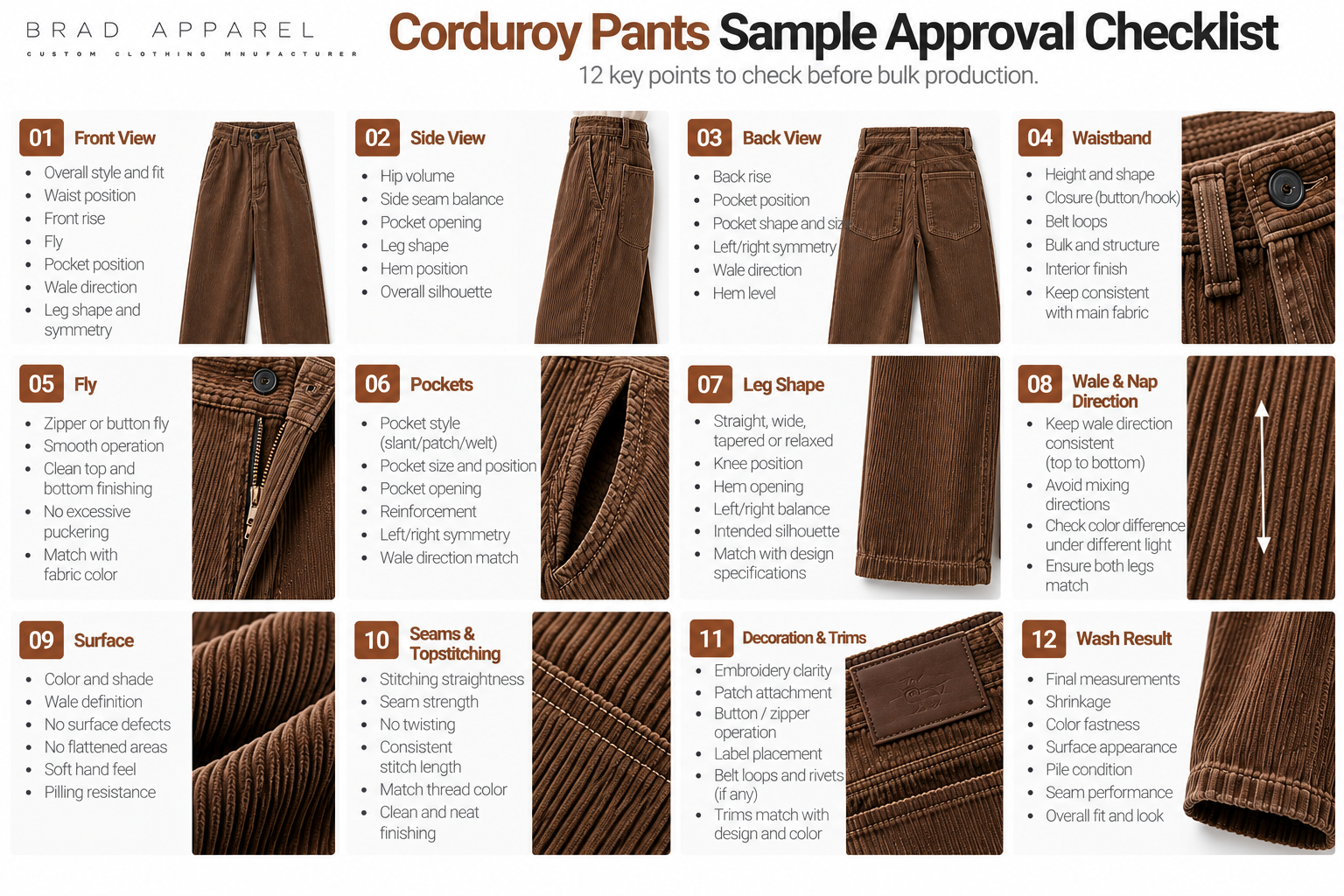 Corduroy pants sample approval checklist