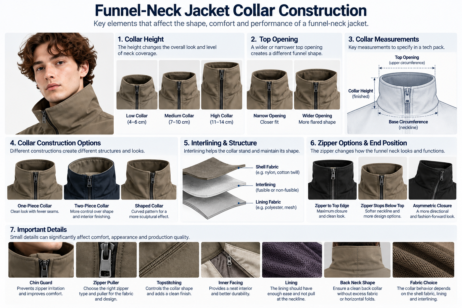 Funnel neck jacket collar construction showing collar height top opening interlining and zipper termination
