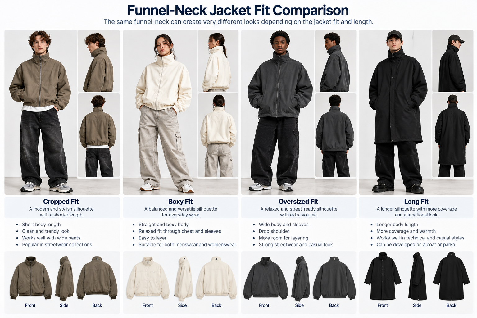 Cropped boxy oversized and long funnel neck jacket fit comparison